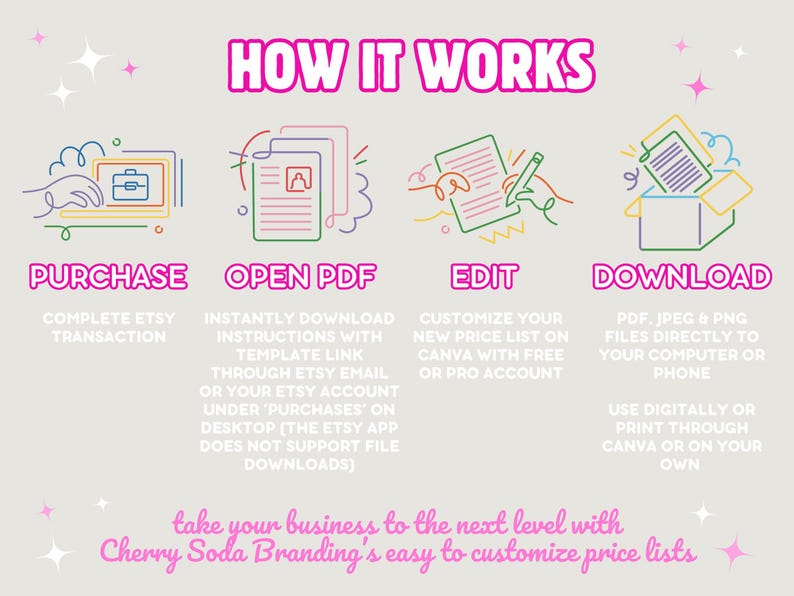 How it works: Purchase template from Etsy. Download instructions with template link through Etsy email or Purchases tab on desktop. Customize your price list with your services and prices. Download to your computer or phone