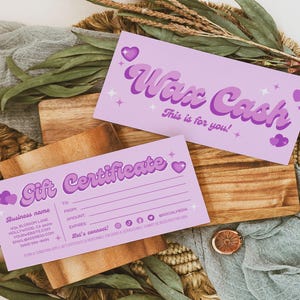 Certificado de presente Wax Cash Canva Template, DIY Printable Editável Salão de beleza Depilação brasileira Cliente Voucher Recompensa Cartão Spa Business-Lilac
