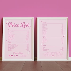 Szablon ulotki Pastel Price List Canva, DIY do wydrukowania, edytowalny, uroczy, kokietka, dziewczęcy, estetyczny salon kosmetyczny, salon kosmetyczny, menu biznesowe, Jeni
