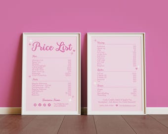 May include: Pink and white price list for a salon or spa. The list includes services for hair, nails, waxing, and lashes. The business name is at the bottom of the list.