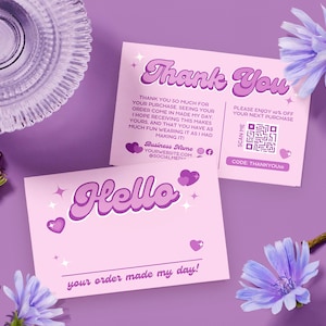 Pastell Danke Karte Canva Vorlage, DIY bearbeitbare druckbare Boutique Business Shop Paketbeilage Kundenbestellung Postkarte, Flieder
