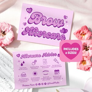 PMU-kaart wenkbrauw nazorg Canva-sjabloon, afdrukbare bewerkbare wenkbrauwlaminering Tint Verzorgingsgids voor microblading Beauty Business ansichtkaart, lila