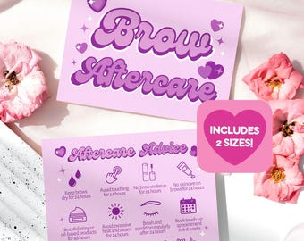 May include: Two pink cards with the words "Brow Aftercare" in a retro font, adorned with hearts and stars. One card includes aftercare advice with icons and text. A pink heart-shaped sticker reads "Includes 2 Sizes!"