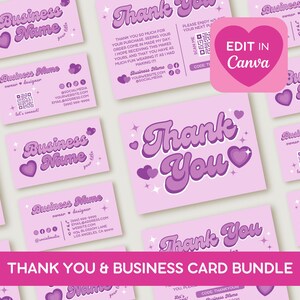 Boutique Branding Bundle Canva Vorlage, bearbeitbare druckbare Visitenkarte und Kundenbestellung Paket Beilage Danke Shop Postkarte, lila