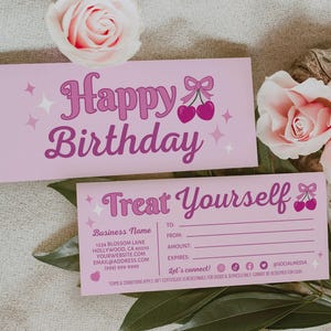 Certificado de presente de salão de beleza de feliz aniversário Canva Template, DIY Printable Editable Cherry Lash Spa Business Bday Coupon Voucher Card, Cheri