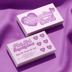 Plantilla de tarjeta de fidelidad Y2K, sello de recompensa para clientes de salón de belleza, peluquería, pestañas y uñas, diseño editable e imprimible de Canva, color lila