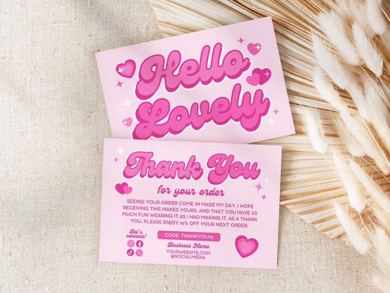 DIY Editable Printable Colorful Pink Pastel Coquette Aesthetic Thank You Card Canva Template. Front reads Hello Lovely. Back shows thank you for your customer purchase order, coupon code, boutique business QR code, shop contact information and social media handles.