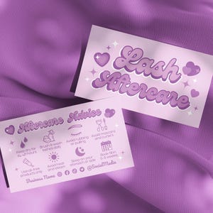 Wimperverlenging nazorg advies kaart canvas sjabloon, DIY afdrukbare bewerkbare wimperlift tint onderhoudsinstructies schoonheidssalon zakelijk, lila