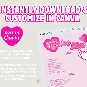 Instantly download and customize DIY Beauty Salon Price List Template in Canva. Price lists can only be edited on Canva using a free or pro account. After purchase, instantly download a PDF with template link and step-by-step editing instructions.