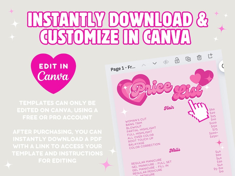 Instantly download and customize DIY Beauty Salon Price List Template in Canva. Price lists can only be edited on Canva using a free or pro account. After purchase, instantly download a PDF with template link and step-by-step editing instructions.