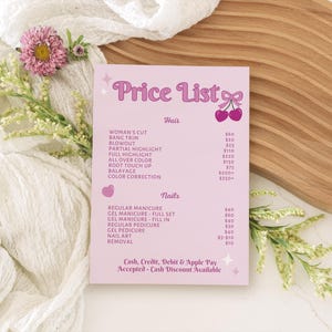 Ulotka z cennikiem Coquette Cherry Canva, szablon DIY do wydrukowania, edytowalny, uroczy kokardkowy estetyczny salon kosmetyczny, spa, menu cenowe, Cheri