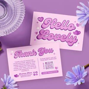 Pastell Danke Karte Canva Vorlage, DIY bearbeitbare druckbare Boutique Business Shop Paketbeilage Kundenbestellung Postkarte, Flieder