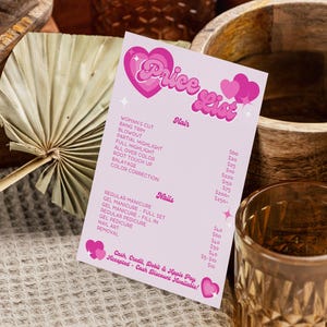 DIY Editable Y2K Aesthetic Beauty Salon Price List template. Price List is written up top surrounded by pink hearts and sparkles. Prices and services written are for hair and nail services. Instantly download and edit in Canva
