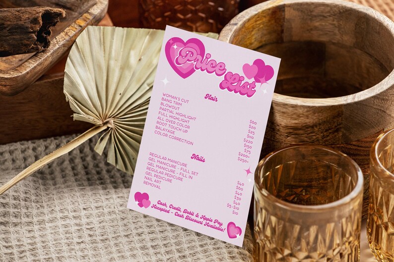 DIY Editable Y2K Aesthetic Beauty Salon Price List template. Price List is written up top surrounded by pink hearts and sparkles. Prices and services written are for hair and nail services. Instantly download and edit in Canva