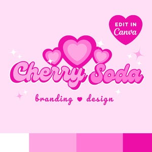 May include: Pink and white logo design for a brand called "Cherry Soda" with the text "branding ♥ design" below. The logo features three pink hearts with a white outline.