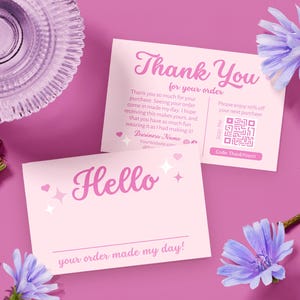 Plantilla de Canva para tarjeta de agradecimiento de Coquette, bricolaje, editable, imprimible, para tienda de negocios, paquete de inserción, orden de compra del cliente, postal, Jeni