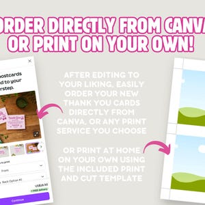 After editing to your liking, easily order your new aesthetic trendy girly small business boutique store owner customer thank you cards directly from canva, or any print service you choose, or print at home using the included print and cut template.