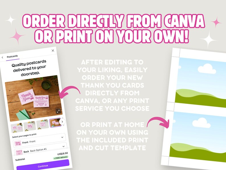 After editing to your liking, easily order your new aesthetic trendy girly small business boutique store owner customer thank you cards directly from canva, or any print service you choose, or print at home using the included print and cut template.