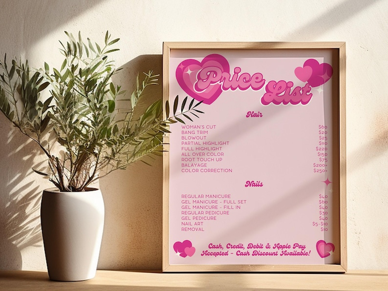 DIY Editable Y2K Aesthetic Beauty Salon Price List template. Price List is written up top surrounded by pink hearts and sparkles. Prices and services written are for hair and nail services. Instantly download and edit in Canva