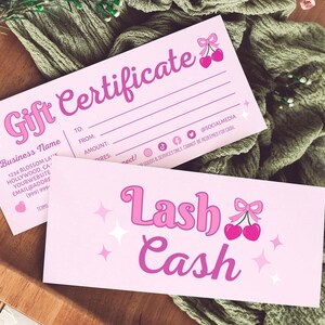 Lash Cash Cadeaubon Canva-sjabloon, DIY Cherry Bow Afdrukbare bewerkbare Schoonheidssalon-promotievoucher Beloningskaart Spa Business, Cheri