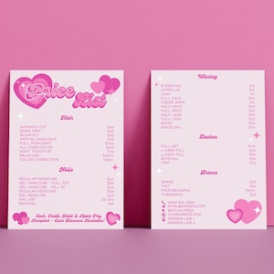 Ulotka z cennikiem salonu Y2K Canva Template, DIY Printable Editable Pretty Aesthetic Beauty Hair Lash Nail Tech Spa Price Menu Sheet, Margot
