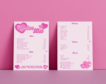 May include: Pink and white price list with hearts for a beauty salon. Services include hair, nails, waxing, lashes, and brows. The salon's contact information is listed at the bottom.