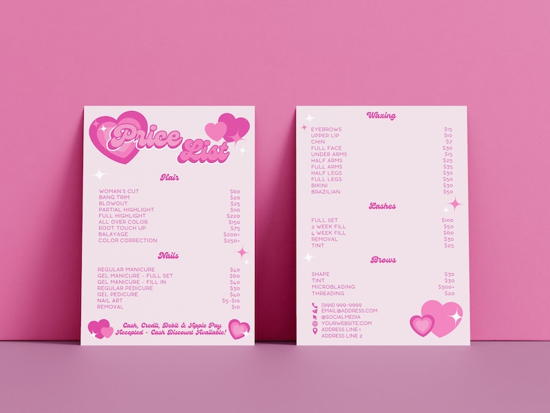 DIY Editable Y2K Aesthetic Beauty Salon Price List template. Price List is written up top surrounded by pink hearts and sparkles. Prices and services written are for hair and nail services. Instantly download and edit in Canva