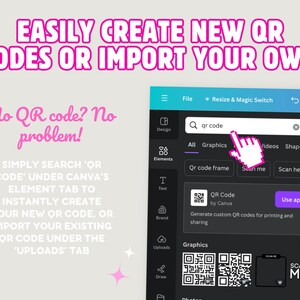 Easily create new QR codes or import your own. No QR code? Simply search QR code under Canva’s element tab to instantly create your new QR code, or import your existing QR code under the uploads tab for DIY Shop Customer Purchase Package Insert Card.