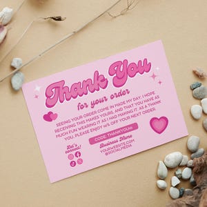 DIY Editable Printable Cute Valentine Heart Girly Y2K Aesthetic Thank You Card Canva Template. Front reads Thank You. Back shows thank you for your customer purchase order, coupon code, business QR code, contact information and social media handles.