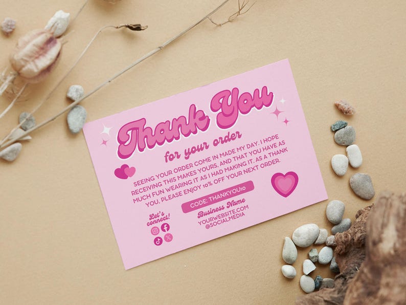 DIY Editable Printable Cute Valentine Heart Girly Y2K Aesthetic Thank You Card Canva Template. Front reads Thank You. Back shows thank you for your customer purchase order, coupon code, business QR code, contact information and social media handles.