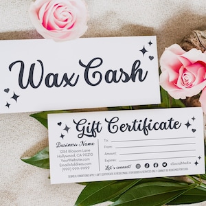 Modelo de certificado de presente Wax Cash Canva, faça você mesmo para impressão, editável, salão de beleza, depilação brasileira, voucher para cliente, cartão de recompensa, spa, negócios, Lola