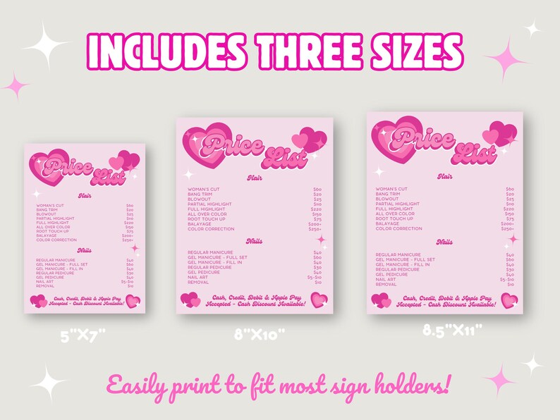 Cute Y2K Pink Heart Aesthetic Beauty Salon Price List Canva Template includes three sizes - 5"x7", 8"x10", and 8.5"x11". Easily print to fit most sign holders