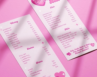 May include: Pink and white price list for a beauty salon. Services include waxing, lashes, brows, hair, and nails. Prices are listed for each service. Contact information is included at the bottom of the list.