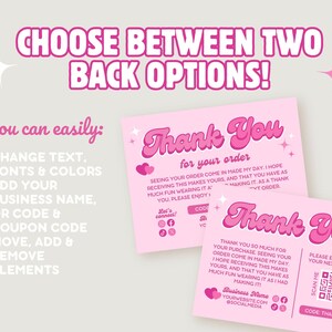 Choose between two back designs. You can easily change text, fonts and colors, add your business name, logo, and QR code, and move, add and remove elements for Printable Retro Cute Colorful Pastel Trendy Girly Thanks for your Purchase Canva Template.