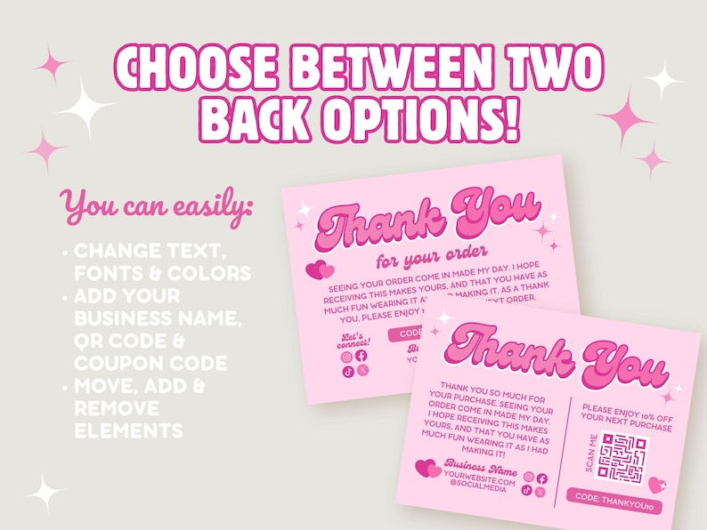 Choose between two back designs. You can easily change text, fonts and colors, add your business name, logo, and QR code, and move, add and remove elements for Printable Retro Cute Colorful Pastel Trendy Girly Thanks for your Purchase Canva Template.
