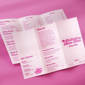 Y2K Beauty Salon Cennik Broszura Trifold, DIY Edytowalny Wydrukowany Składany Szablon Canva Menu, Tri-Fold Hair Lash Nail Spa Arkusz, Margot