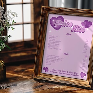Plantilla de Canva para folleto con lista de precios de salón Y2K, menú de precios para salón de belleza, peluquería, pestañas y uñas, para bricolaje, imprimible, editable, bonito, estético, color lila