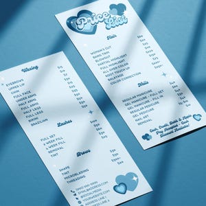 Cennik salonu Y2K Estetyczny szablon Canva, DIY Edytowalny Uroda Włosy Rzęsy Paznokcie Media społecznościowe Historia Menu Arkusz Stojak Karta Ulotka, Aqua