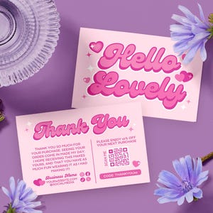 DIY Editable Printable Colorful Pink Pastel Coquette Aesthetic Thank You Card Canva Template. Front reads Hello Lovely. Back shows thank you for your customer purchase order, coupon code, boutique business QR code, shop contact information and social media handles.