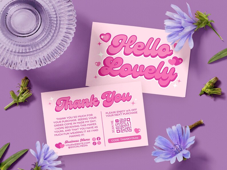 DIY Editable Printable Colorful Pink Pastel Coquette Aesthetic Thank You Card Canva Template. Front reads Hello Lovely. Back shows thank you for your customer purchase order, coupon code, boutique business QR code, shop contact information and social media handles.