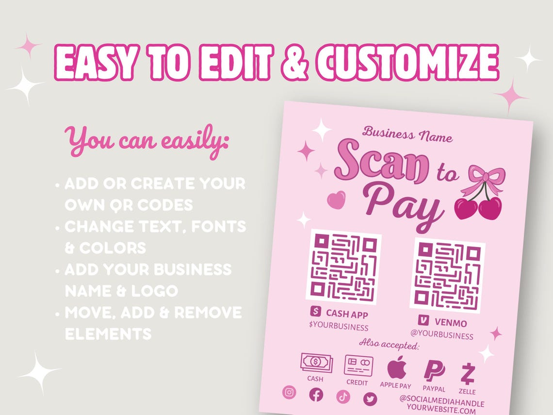 Cherry Scan to Pay QR Code Sign Canva Template, Editable Printable DIY ...