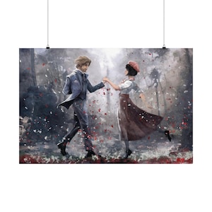 May include: Art print depicting a couple dancing in a forest. The man is in a blue suit, and the woman wears a dress and beret. Red petals are scattered around. The artwork has a painterly style with soft colours.