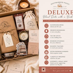 May include: A deluxe blind date with a book box containing a wrapped book with a tag, a cozy cocoa packet, a drawstring pouch, a candle labeled book lover, a reading tracker, a sticker of stacked books, a bookmark, and a roll of washi tape.