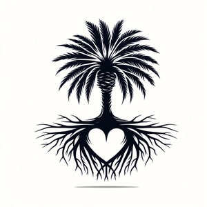 Realistisch palmetto-logo met hartvormige wortels, zwart-wit, op de natuur geïnspireerd botanisch ontwerp, South Carolina-symbool, SVG, png