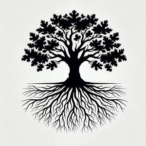 May include: Black silhouette of a tree with a large, spreading crown and intricate roots extending from the base. The tree is isolated against a white background.