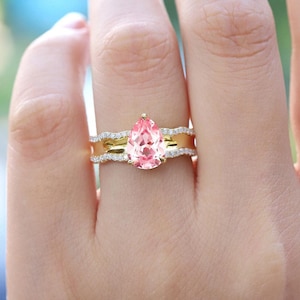 Pear Pink Sapphire Twisted Ring: Galaxy Moissanite, 10k Gold Promise Ring