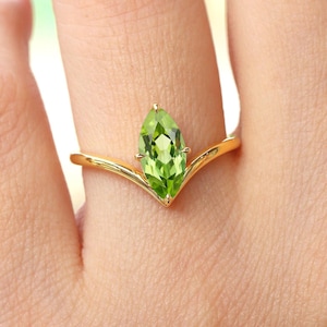 Dainty Marquise Peridot Ring: Minimalist 14k Gold August Birthstone