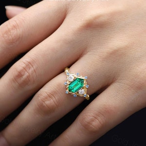 Hexagon Emerald Flower Ring: Vintage Sapphire 14k Gold Engagement Ring