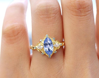 Marquise Cornflower Sapphire Engagement Ring: 14k Yellow Gold Moissanite Cluster