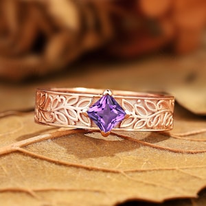 Handmade Princess Amethyst Wedding Band: 14k Gold Leaf Design
